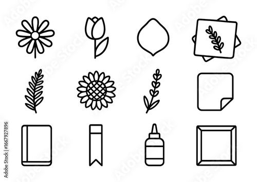 Pressed Flower Icons. Outline icon set of pressed flowers: daisy flat, tulip press, rose petal, clover leaf,