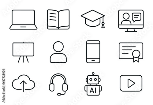 Digital Learning Icons. Outline icon set of digital education: laptop, e-book, graduation cap, online class
