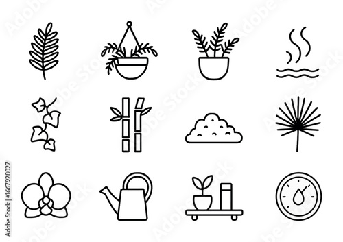 Bathroom Plant Icons. Outline icon set of bathroom plants with ferns: fern leaves, hanging basket, ceramic pot