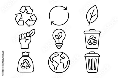 Recycling and Sustainability Outline Icon Set, Eco-Friendly Linear Icons for Waste Management, Environmental Protection, Green Energy and Conservation Vector Illustration with Transparent Background