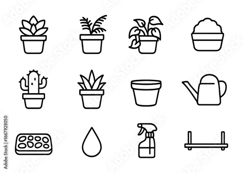 Potted Plant Icons. Outline icon set of small potted plants: succulent, mini fern, pothos vine, moss cover,