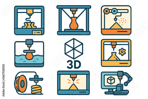 3D printing technology icon set. Additive manufacturing process symbols. Vector FDM, SLA, SLS printers. Prototyping, engineering, factory, and innovation concepts collection.