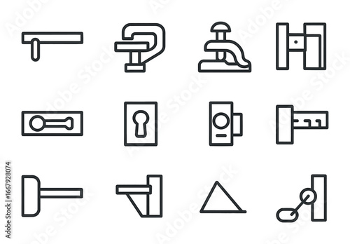 Sliding Window Lock Icons. Outline icon set of sliding window locks: sliding bar, clamp lock, screw fastener,