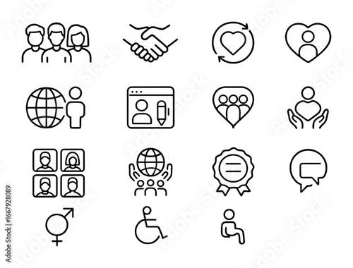 Inclusive Branding Icons. Outline icon set of inclusive branding strategies: diverse team, handshake,
