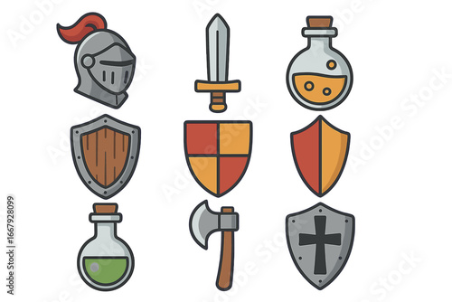 Medieval knight icon set. Vector cartoon symbols of helmet, sword, shield, axe, potion. Fantasy RPG game assets. Middle ages armor and weapon. Crusader graphic elements.