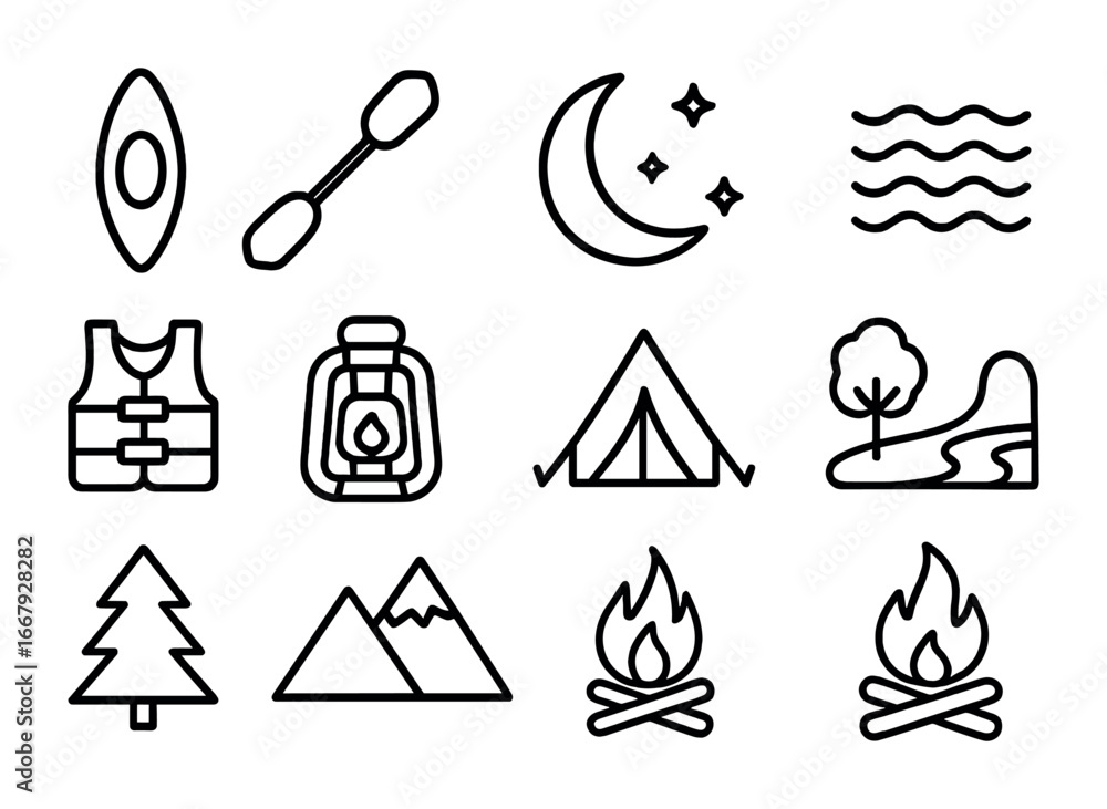 Fototapeta premium Moonlit Kayak Expedition Icons. Outline icon set of moonlit kayak expedition: kayak, paddle, crescent moon,