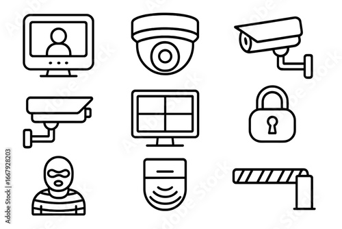 Security and Surveillance Icon Set with Monitors, Cameras, Lock, Burglar, and Barrier Elements, Vector Outline Collection for Monitoring and Safety Concepts