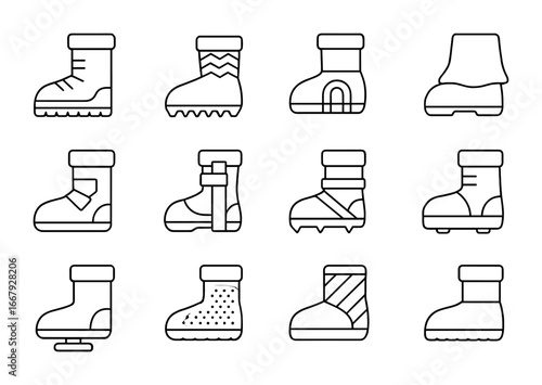 Astronaut Boots Icons Grid. Outline icon set of astronaut boots and mobility gear: reinforced boots, traction
