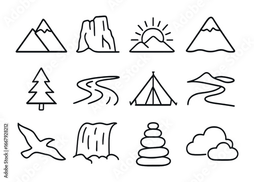 Mountain Icons Set. Outline icon set of artistic interpretation of mountains: mountain peak, rocky cliff,
