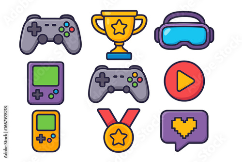 Set of gaming icons for video games and e-sports. Cartoon collection with controller, joypad, retro console, VR headset, trophy, medal, award. Vector design elements.