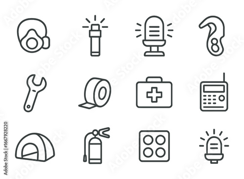 Astronaut Emergency Toolkit Icons. Outline icon set of astronaut emergency tools: oxygen mask, flare, rescue