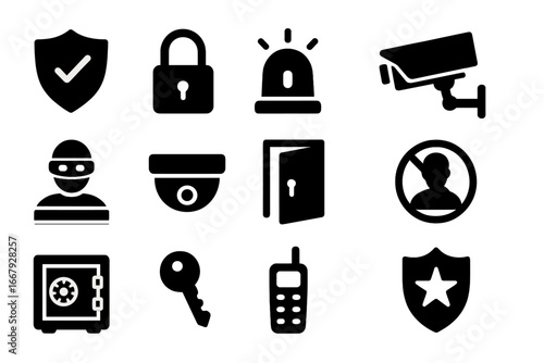 Security and surveillance icon set, protection and safety vector symbols, solid style black glyphs, CCTV camera, lock, alarm, burglar, key, safe, monitoring and access control illustration