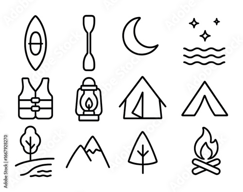 Moonlit Kayak Expedition Icons. Outline icon set of moonlit kayak expedition: kayak, paddle, crescent moon,