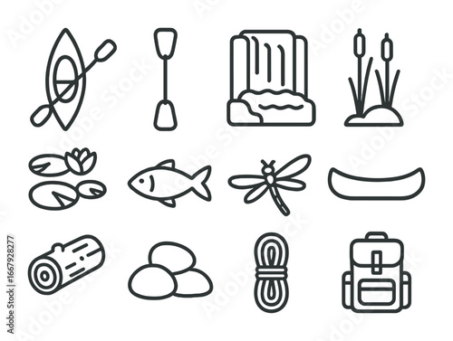 Riverside Adventure Icons. Outline icon set of riverside exploration: kayak, paddle, waterfall, reeds, lily