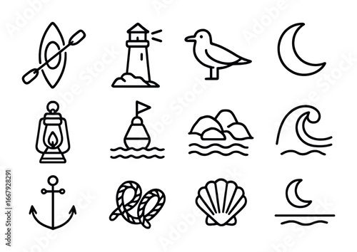 Coastal Night Icons. Outline icon set of coastal night expeditions: ocean kayak, lighthouse, seagull, crescent