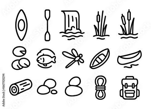 Riverside Adventure Icons. Outline icon set of riverside exploration: kayak, paddle, waterfall, reeds, lily
