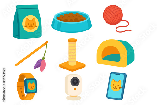 Pet care icon set. Cat owner accessories collection. Food, toys, scratching post, pet bed. Smart devices for home monitoring, pet camera, tracker watch. Vector cartoon illustration.