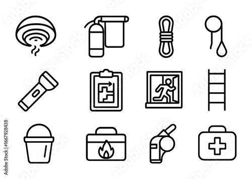 Home Fire Safety Icons. Outline icon set of home fire safety: smoke alarm, extinguisher, fire blanket, escape
