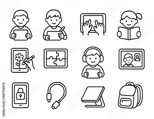 Kids Tablet Icon Set. Outline icon set of kids using tablets: child holding tablet, stylus pen, touchscreen,