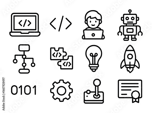 Kids' Coding Icon Set. Outline icon set of coding for kids: laptop, code brackets, child typing, robot,