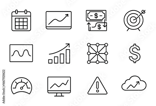 Revenue Forecast Icons. Outline icon set of revenue forecasting: calendar, projected line chart, cash flow,