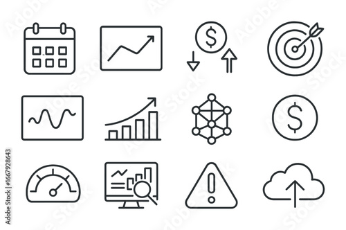 Revenue Forecast Icons. Outline icon set of revenue forecasting: calendar, projected line chart, cash flow,