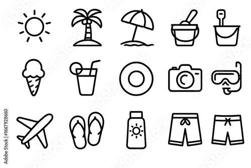 Summer beach travel line icon set with vacation, relaxation, fun, tropical palm tree, sun, ice cream, snorkeling, swimwear, camera, and holiday essentials vector illustration
