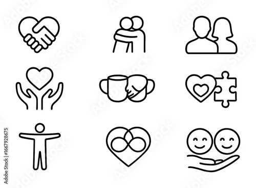 Couple Bonding Icons. Outline icon set of couple bonding: heart handshake, hugging icon, couple silhouette,