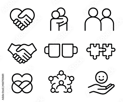 Couple Bonding Icons. Outline icon set of couple bonding: heart handshake, hugging icon, couple silhouette,