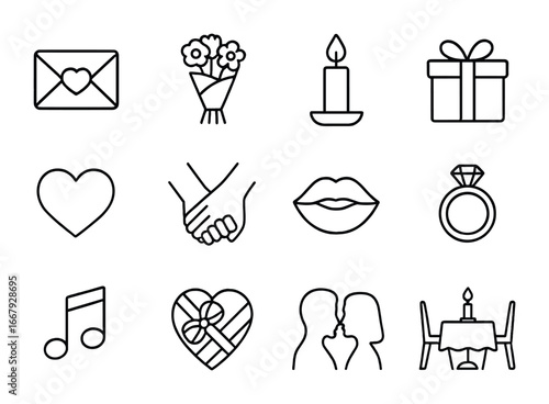 Romantic Gestures Icons. Outline icon set of romantic gestures: love letter, bouquet of flowers, candlelight,
