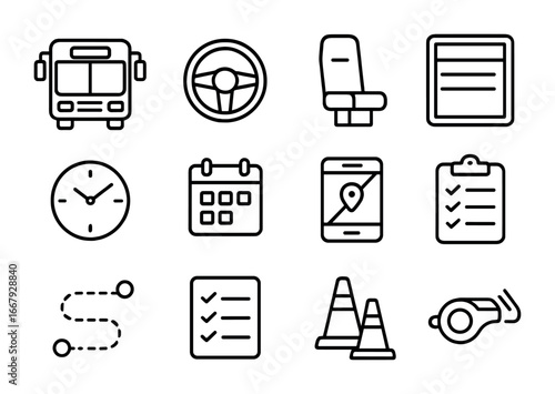 Bus Driver Tools. Outline icon set of bus driver tools: bus, steering wheel, seat, timetable board, clock,