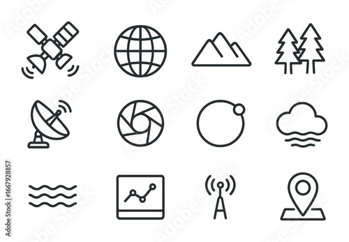 Satellite Icon Set. Outline icon set of earth observation satellites: satellite, globe, mountain, forest,