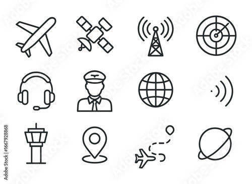 Aviation Icon Set. Outline icon set of aviation communication: airplane, satellite, antenna tower, radar