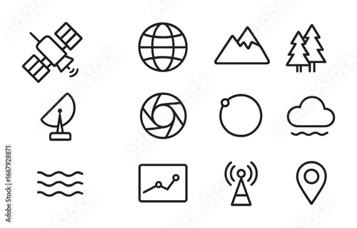 Satellite Icon Set. Outline icon set of earth observation satellites: satellite, globe, mountain, forest,