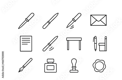 Letter Opener Icons. Outline icon set of letter opener blade: classic letter opener, sharp blade, handle,