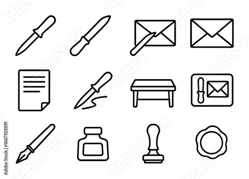 Letter Opener Icons. Outline icon set of letter opener blade: classic letter opener, sharp blade, handle,