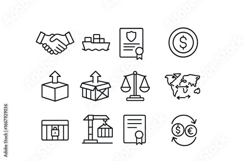 Trade Policy Icons. Outline icon set of trade policies: handshake, cargo ship, customs document, tariff symbol