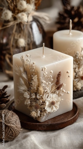 Square beige candle with pressed flowers