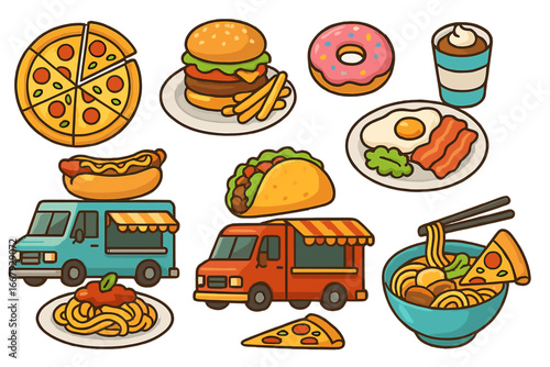 Big set of vector street food icons. Cartoon fast food illustrations. Pizza, burger, taco, hot dog, ramen, pasta, donut, coffee and food truck. Isolated meal elements.
