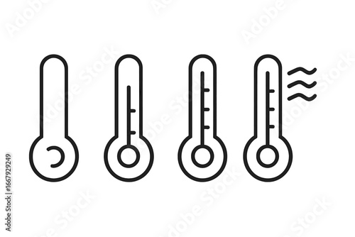 Thermometer icons set, temperature symbols, weather gauge vector collection, outline cartoon thermometer illustrations with transparent background, climate monitoring design