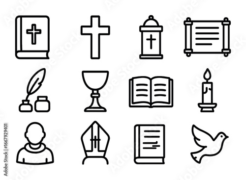 Christian Theology Icons. Outline icon set of theological debates in Christian history: Bible, cross, church
