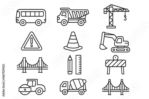 Transportation and construction line icon set with infrastructure and engineering symbols, vector cartoon illustration, transparent background, ordered collection of transport and construction tools