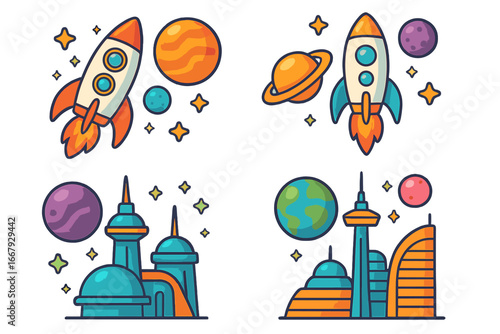 Space exploration vector icon set. Cartoon rocket launch, futuristic city, planets, stars. Galaxy travel and science fiction concept. Flat design graphic elements collection.