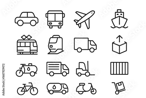 Transportation Outline Icon Set, Transit and Logistics Line Icons Collection, Vector Cartoon Illustration with Transparent Background, Ordered Set of Multiple Transport Types