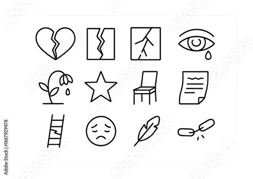 Sorrowful Icons Grid. Outline icon set of the sorrow of broken dreams: shattered heart, torn paper, broken