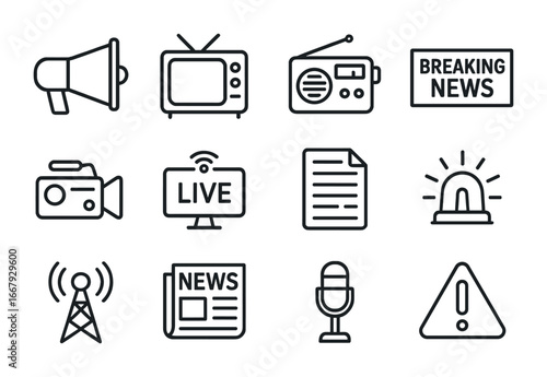 Emergency Broadcast Icons. Outline icon set of emergency broadcasting: loudspeaker, television, radio,