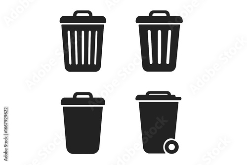 Trash bin vector isolated icons set, black trash can symbols, garbage container silhouettes, waste disposal icons collection, cartoon style, transparent background, ordered set 2