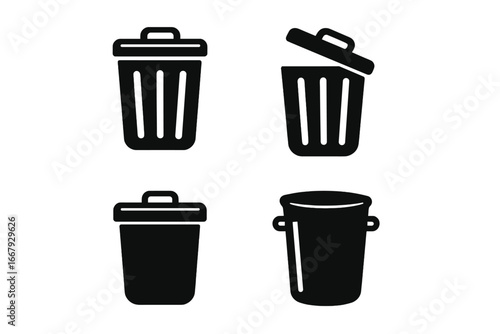 Set of 4 Black Vector Trash Bin Icons, Isolated Garbage Can Silhouettes, Waste Container Symbols, Cartoon Style Trash Receptacle Illustrations with Transparent Background