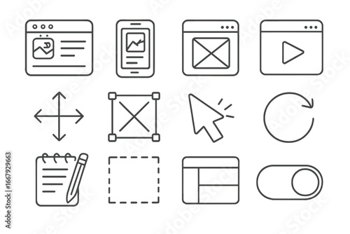 User Interface Wireframe Icon Set with Prototyping Tools in Linear Style, Vector Cartoon Illustrations with Transparent Background, Ordered Set 2 for UI/UX Design