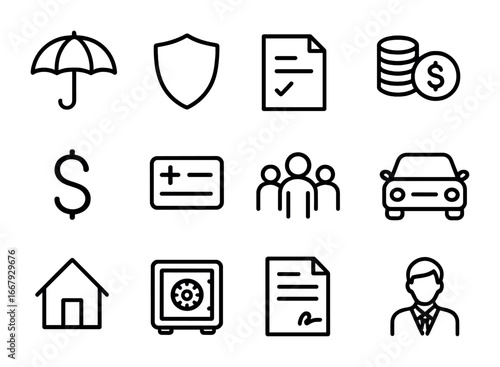 Insurance Icon Set. Outline icon set of insurance advisory: umbrella, shield, policy document, coins, dollar